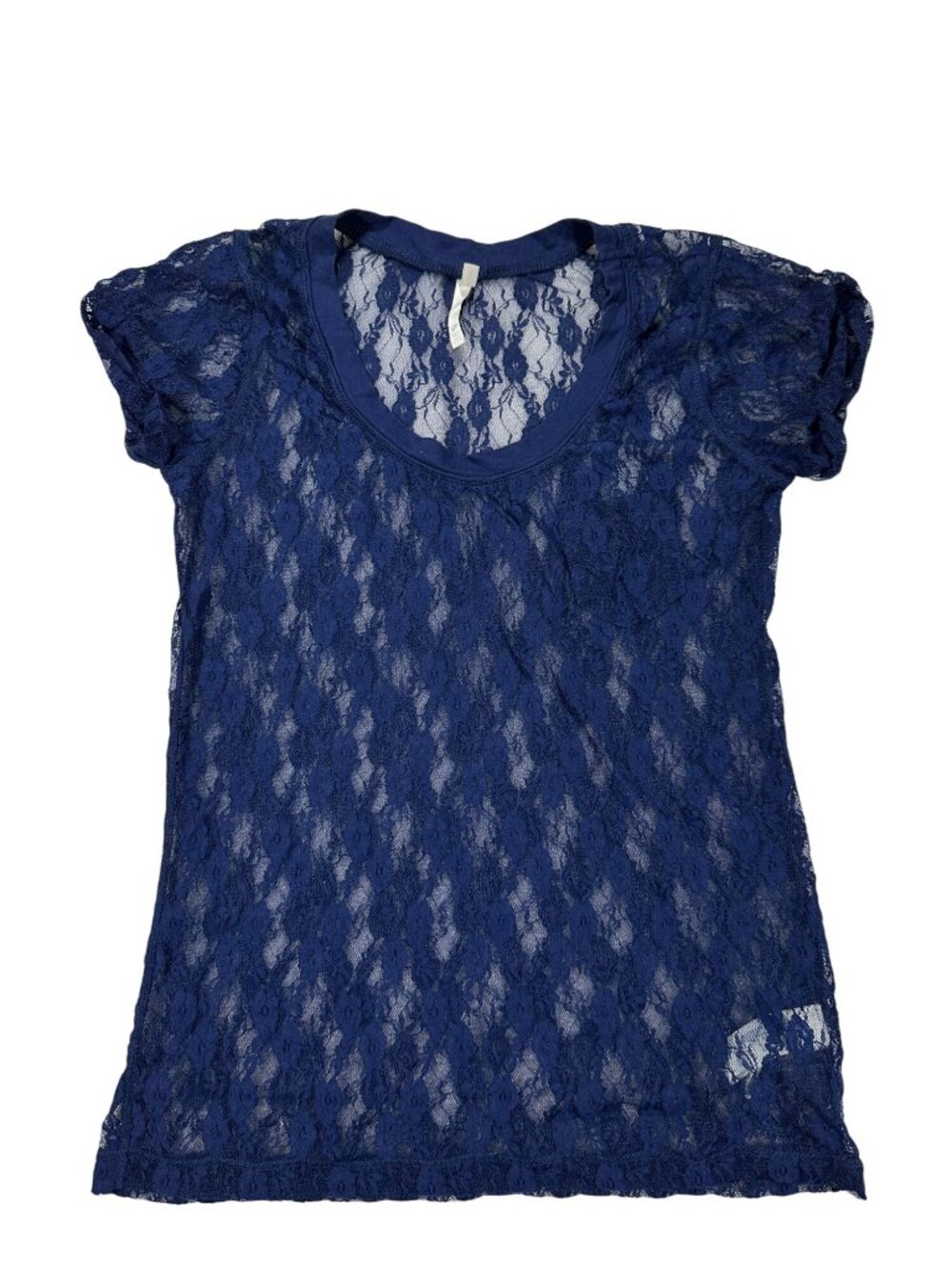 Forever 21 Womens Lace Short Sleeve Top Sheer Navy Blue Size Small Nylon Blend